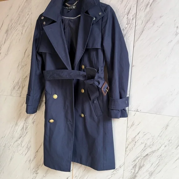 J. Crew Navy Icon Double-Breasted Belted Hooded Cotton Petite Trench Coat SZ 2P - Picture 4 of 13